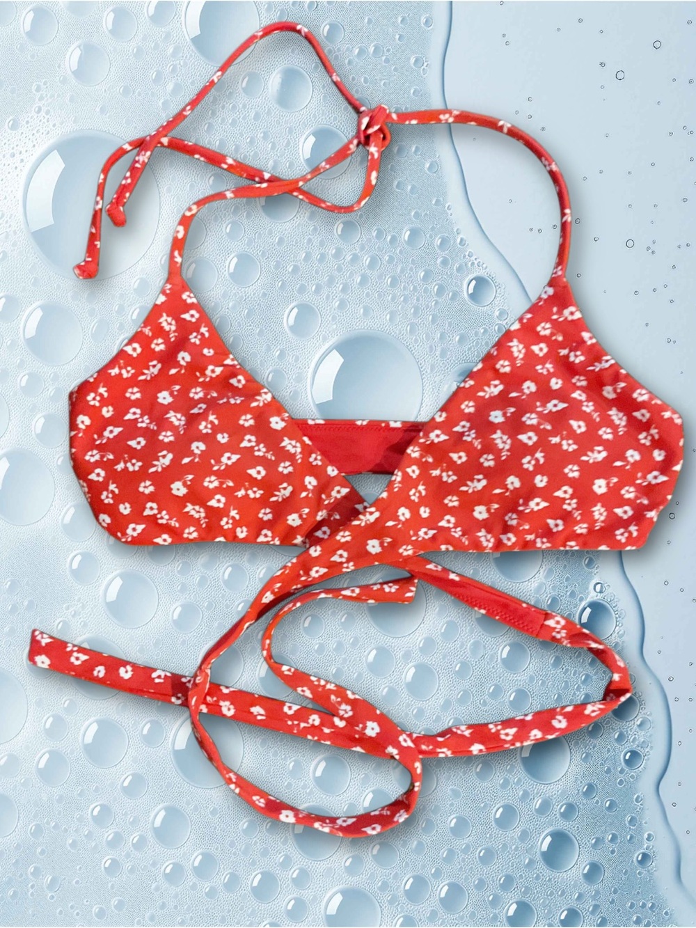 Hollister Swim Red Floral Tie Front Halter Bikini Top Size Small